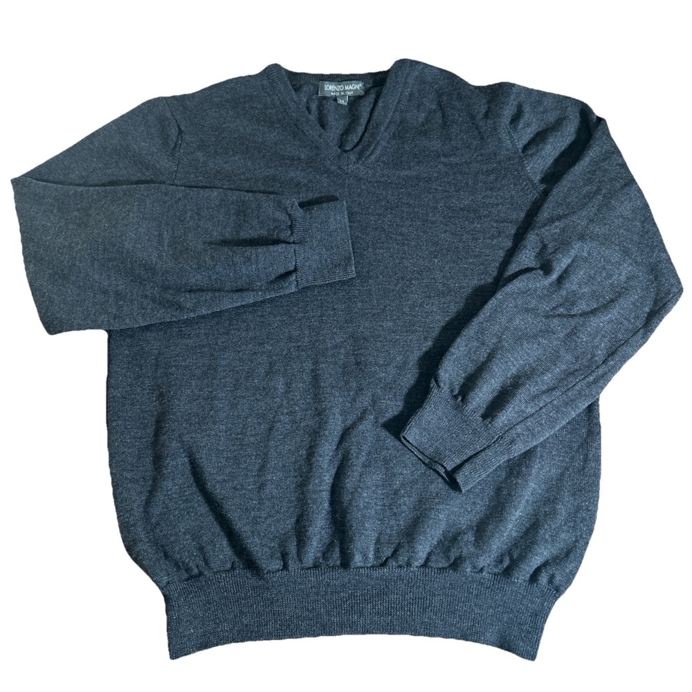 Lorenzo Magni Sweater Men's M Gray 100% Wool V-Neck Pullover Made In Italy